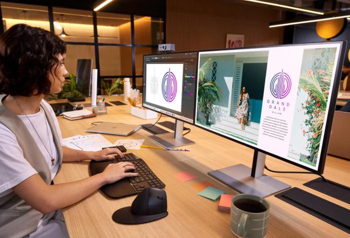 Professional graphic design workspace with branding materials